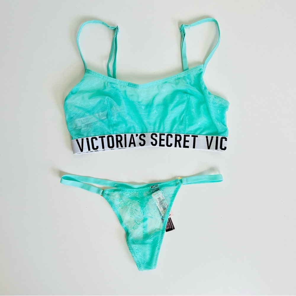 NWT Victoria’s Secret Mint Mesh Heart Logo Bra & Lace Thong Panty Lingerie Set